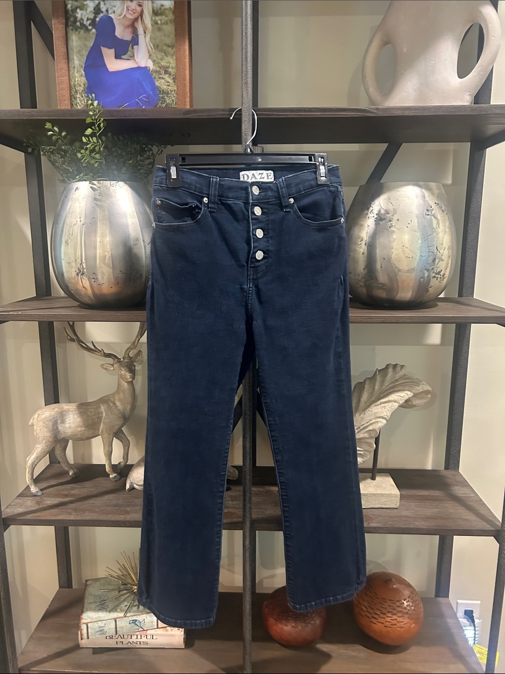 DAZE 28 Women's High-Rise Button-Fly Straight Jeans in Dark Blue